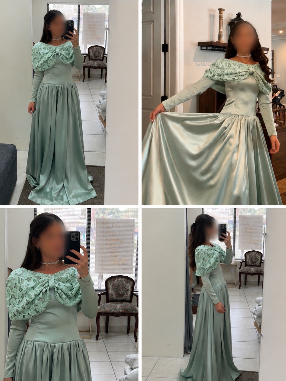 Satin Lace-Accent Long Sleeve Evening Dress in Sage Green